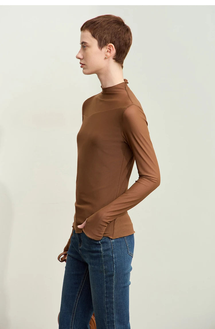 Damen Mesh-T-Shirt im minimalistischen Design mit halbhohem Ausschnitt