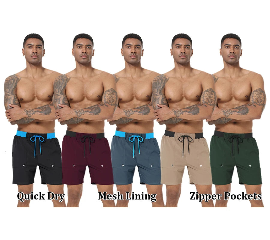 Sommerliche Herren-Badeshorts mit Camouflage-Streifen, schnelltrocknend, mit Reißverschlusstaschen und Mesh-Futter – ideal für Strand und Surfen.