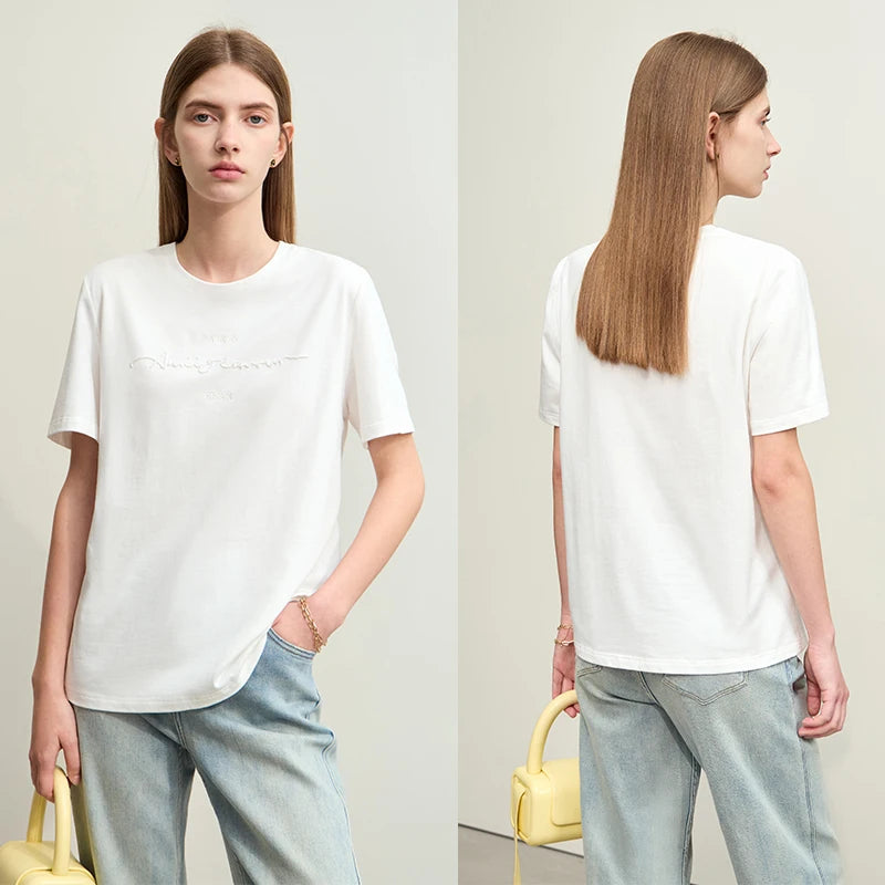 Damen T-Shirts im Minimalismus-Stil mit Kurzarm und Buchstaben-Stickerei