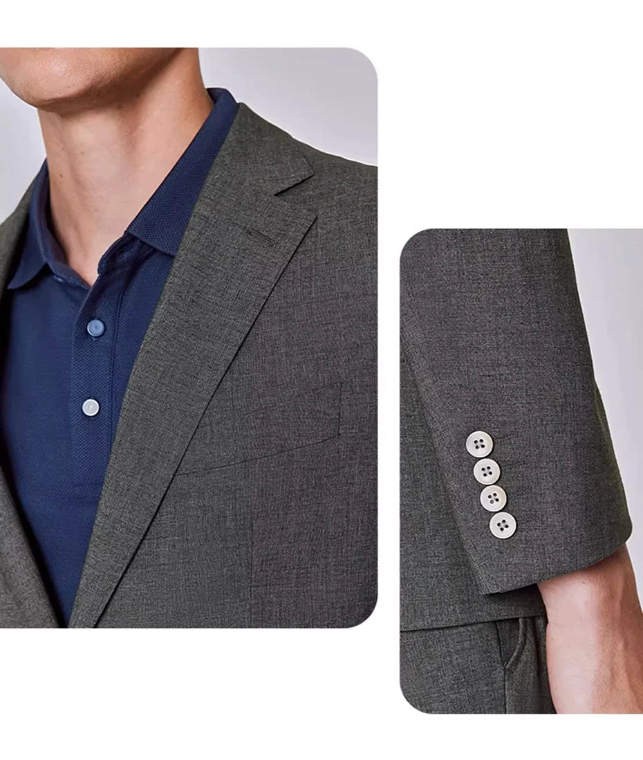 Herrenanzug-Set aus Leinen-Baumwoll-Mix mit Blazer und Hose im Slim-Stil – Sommerlich, Dünn, Doppelreihig, Langarm, Weiß Gestreift