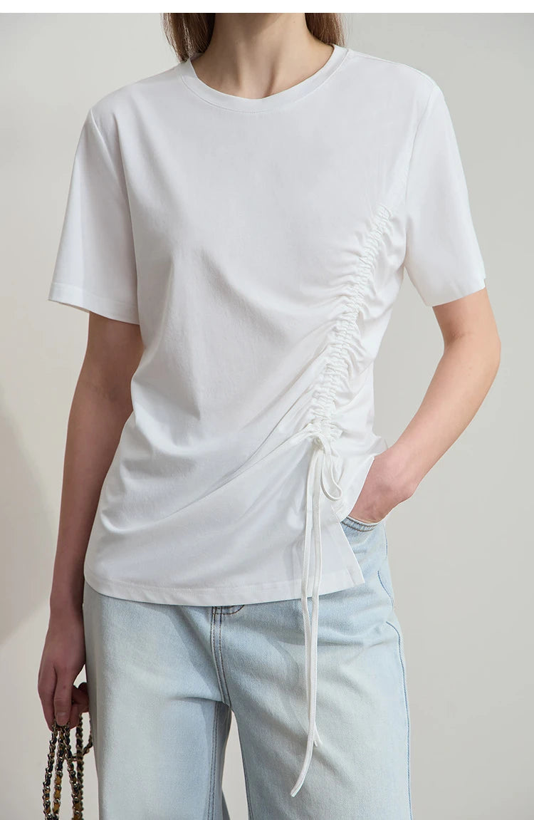 Damen Sommer T-Shirt mit Rundhals und Kordelzug in lässiger Form