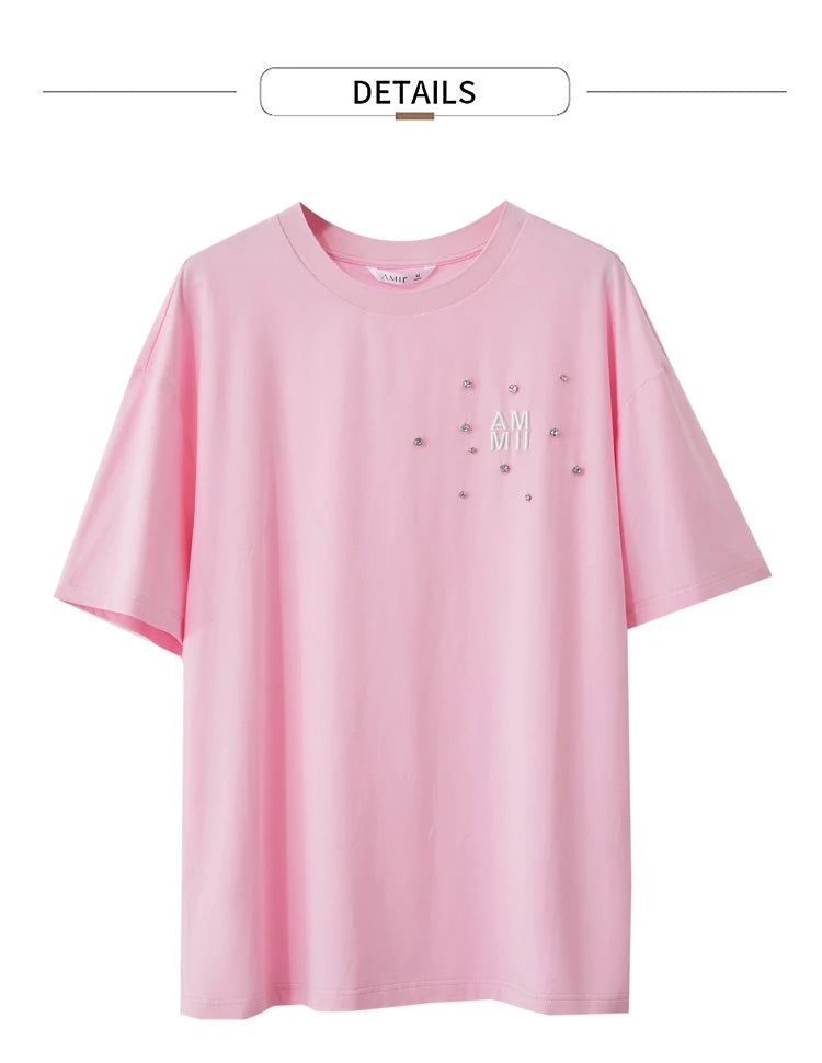 Damen T-Shirts im Minimalismus-Stil mit Stickerei und lässigen Ärmeln