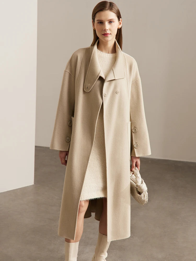 Damen Wollmantel im Minimalismus-Stil mit Stehkragen und Taschen
