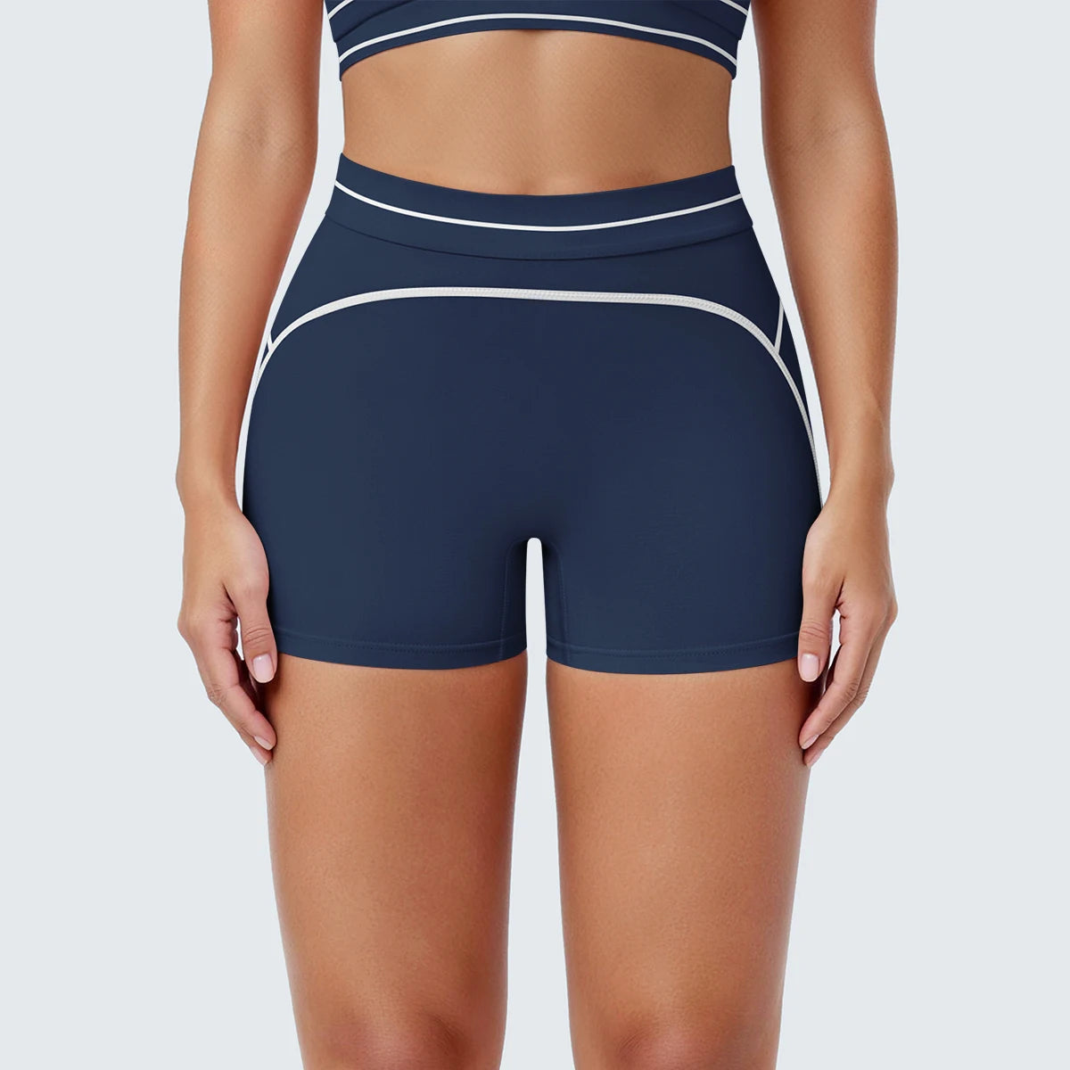 Gestreifte Yoga-Shorts für Damen in Dunkelblau mit Kontrastbund und Hüftlift