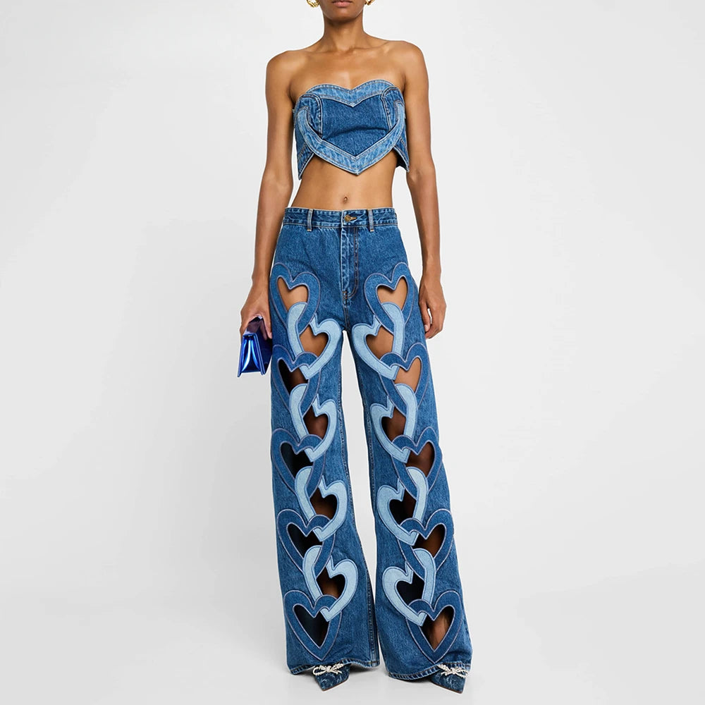 Zweiteiliges Damen-Set mit Reverskragen, Langarm-Top und hoch taillierter Patchwork-Hose mit Hohldesign.