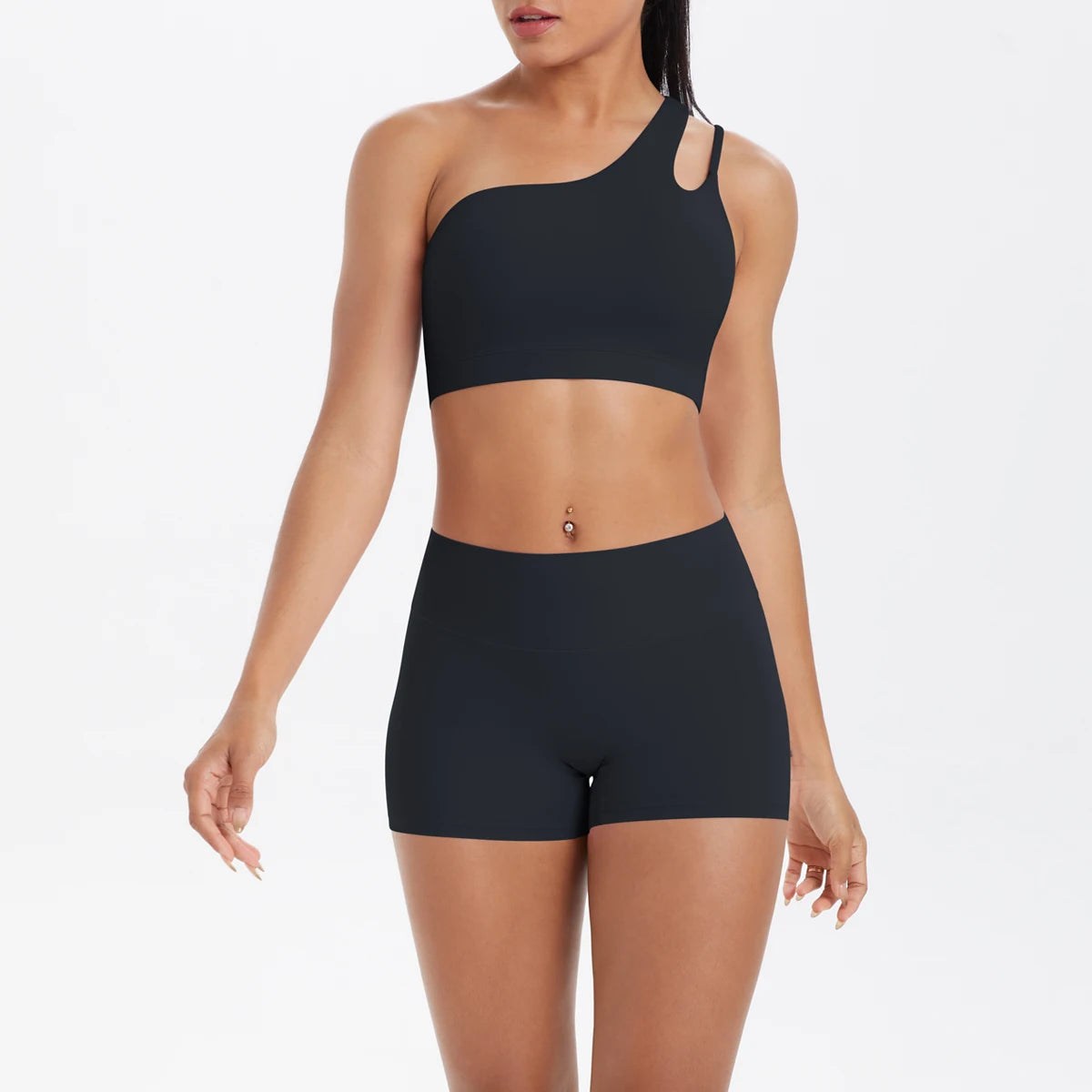 Damen-Yoga-Set: Sport-BH-Top und High-Waist Shorts, atmungsaktiv, schwarz
