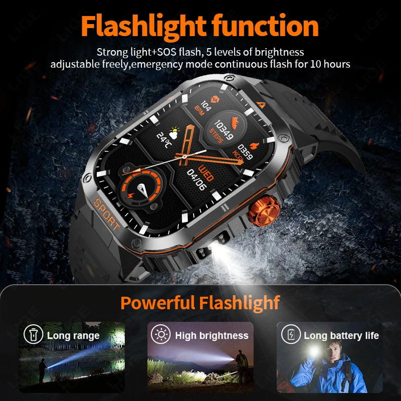 LIGE Military Taschenlampe Smart Uhr Wasserdicht Herzfrequenz Fitness Sport Anruf Erinnerung Smartwatch Für IOS Android Telefon 2025