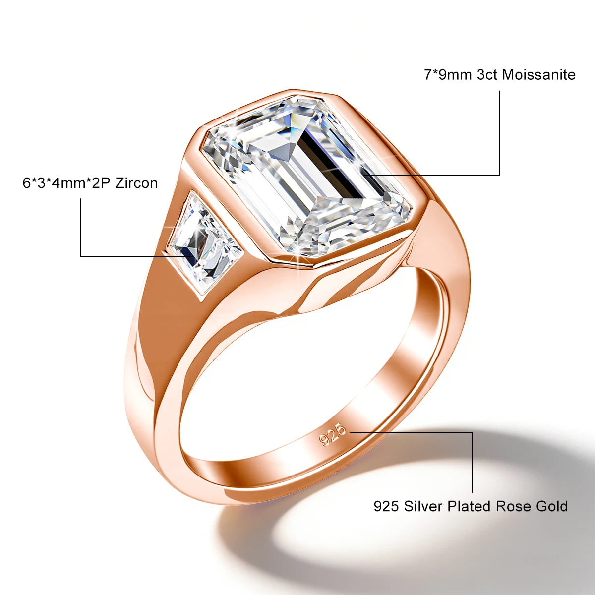 Unisex-Verlobungsring Moissanit im Smaragdschliff Drei-Stein-Design aus 925 Silber