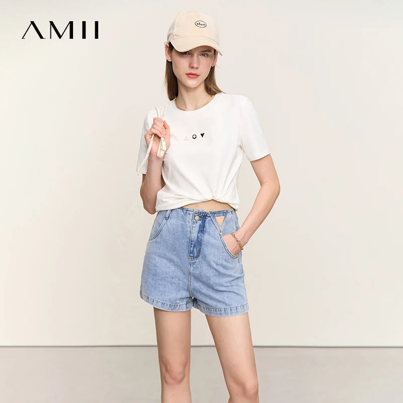 Damen T-Shirt mit O-Ausschnitt und geometrischer Dekoration aus antibakterieller Baumwolle