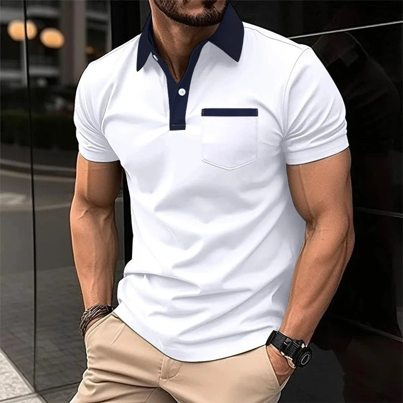 Herren-Casual-Poloshirt mit V-Ausschnitt und Knopfleiste – gestreiftes, vielseitiges Business-T-Shirt