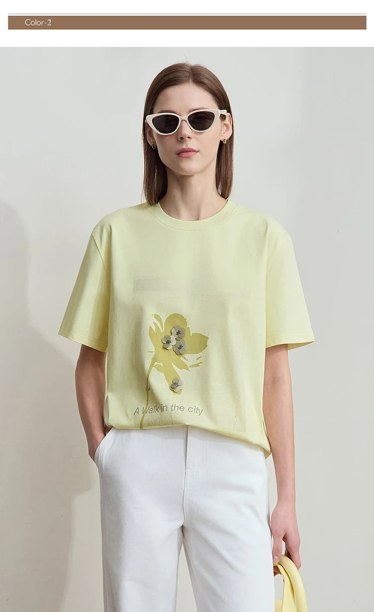 Damen T-Shirt mit minimalistischem O-Ausschnitt und Pailletten-Verzierung