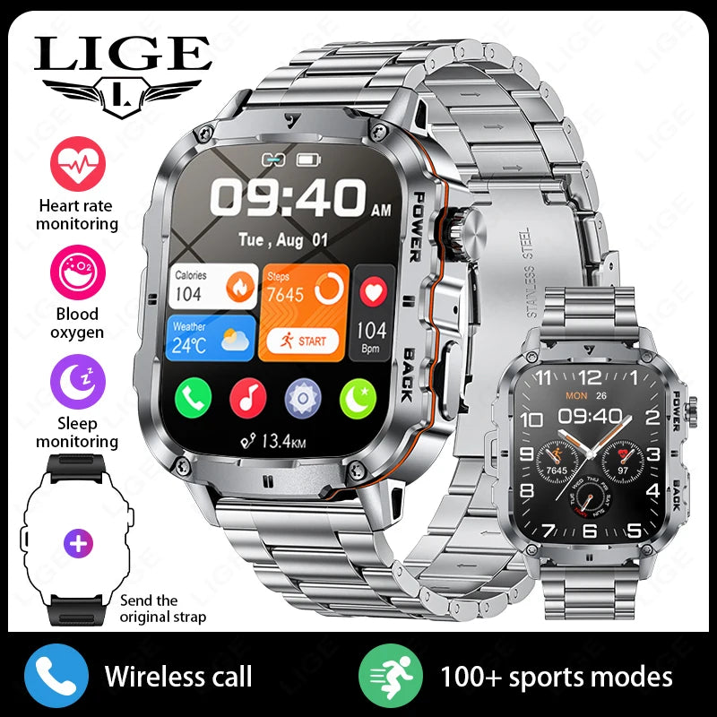 LIGE Outdoor Militär Sport Smart Uhr Männer Frauen Fitness Track Herzfrequenz Blut Sauerstoff Wasserdicht BT Anruf 1,95-Zoll Smartwatch