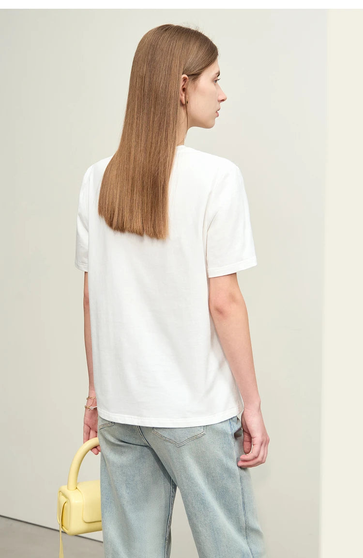 Damen T-Shirts im Minimalismus-Stil mit Kurzarm und Buchstaben-Stickerei