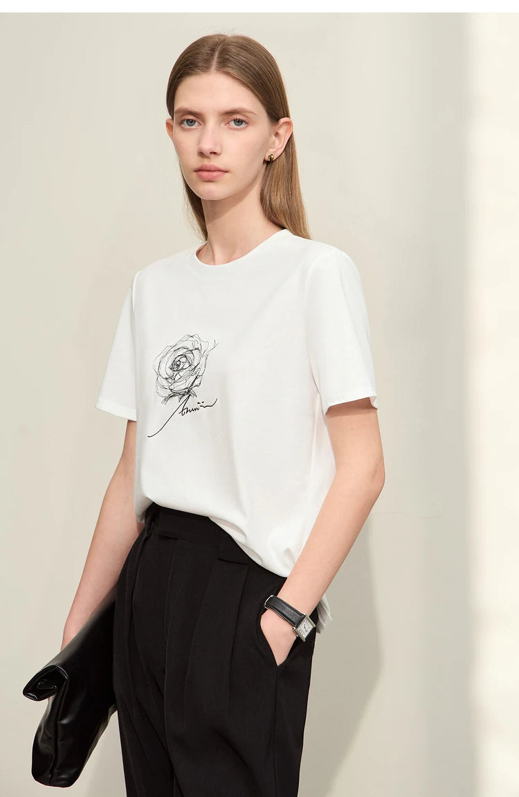 Damen Kurzarm-T-Shirt im minimalistischen Stil mit O-Ausschnitt und Stickerei