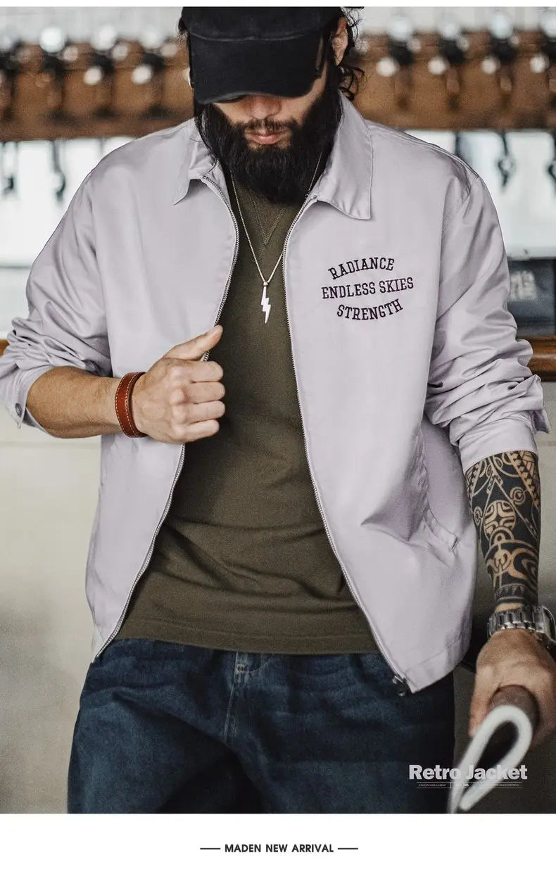 Herren Coach Jacke Vintage Gestickte Buchstaben Reißverschluss Notch-Revers Lässige Oberbekleidung
