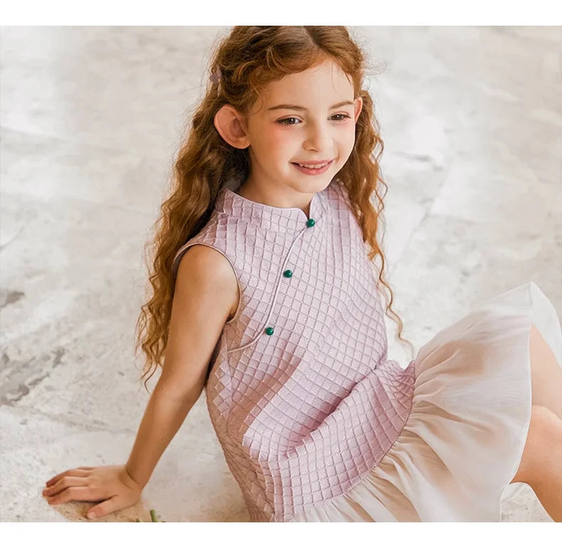 Beiges Prinzessinnen-Kleid für Mädchen mit kurzen Ärmeln – ideal für Hochzeiten und Geburtstage, Größe 110-170 cm