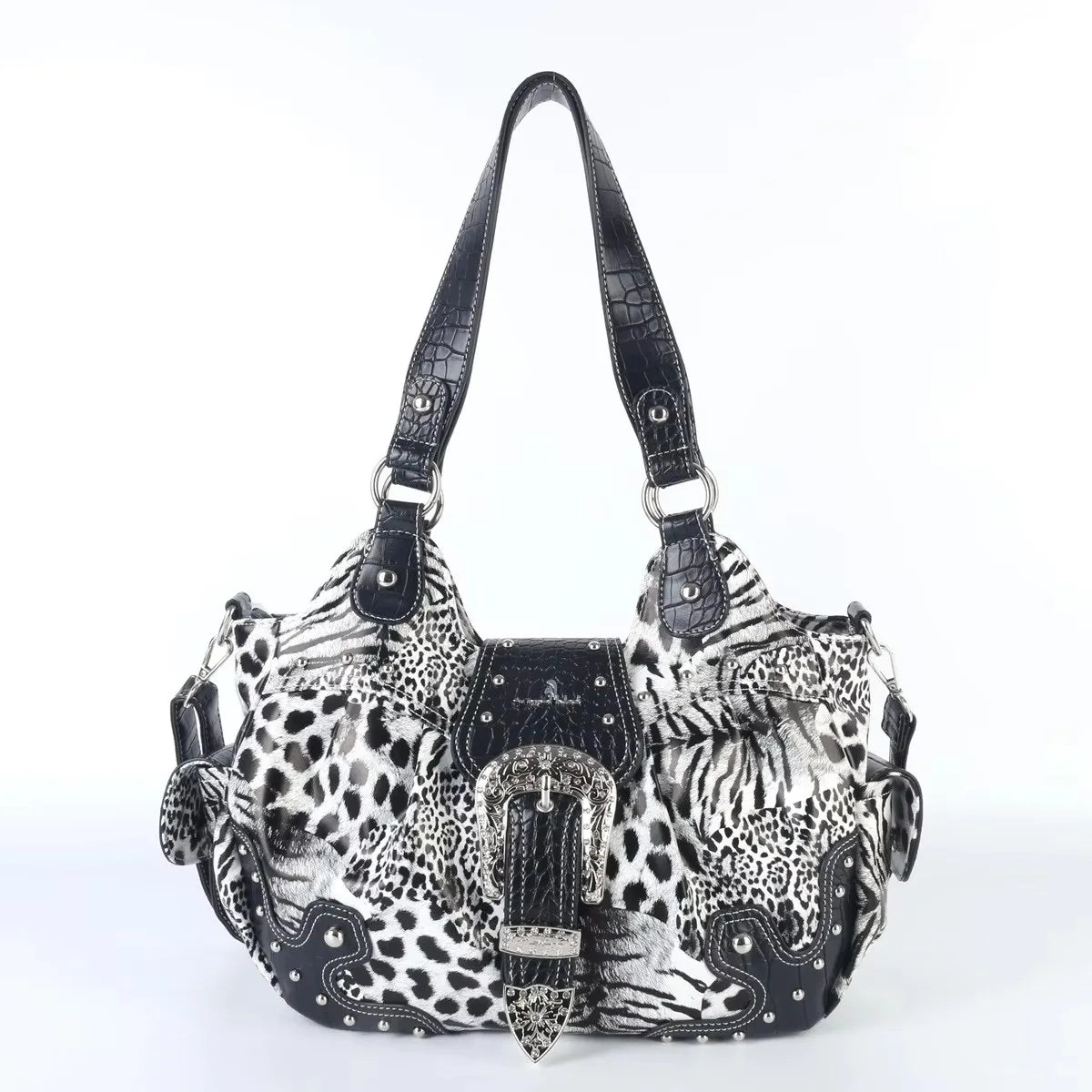 Hell gemusterte Leopard-Handtasche mit Tragegriffen, mittigem Emblem und seitlichen Taschen