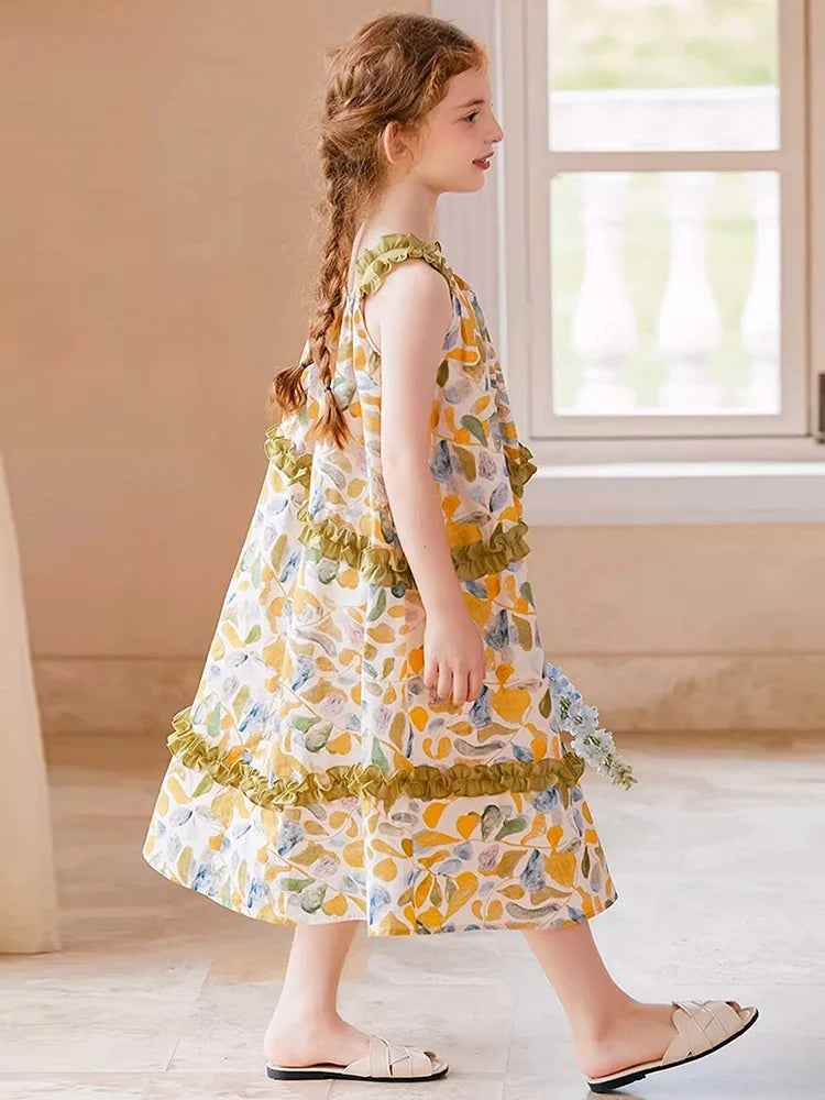 Ärmelloses Sommerkleid für Mädchen im chinesischen Stil aus 100% Baumwolle mit kleinem Blumenmuster – Cheongsam für Kinder von 3 bis 14 Jahren