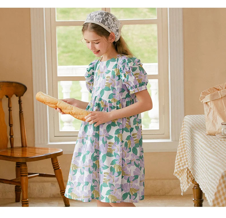 Kurzes Mädchen-Kleid mit Puffärmeln und Cheongsam-Design, Patchwork aus Gaze in Lila-Blau, mit Perlenknöpfen – für Kinder von 3 bis 12 Jahren.