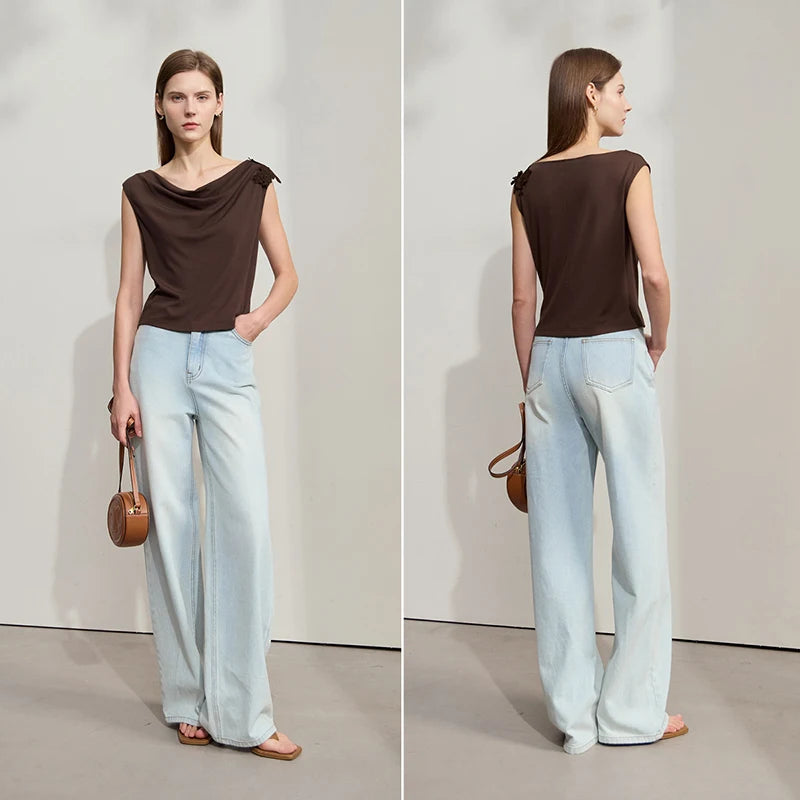 Damen Casual-T-Shirt im minimalistischen Stil mit Swing-Kragen und ärmellos
