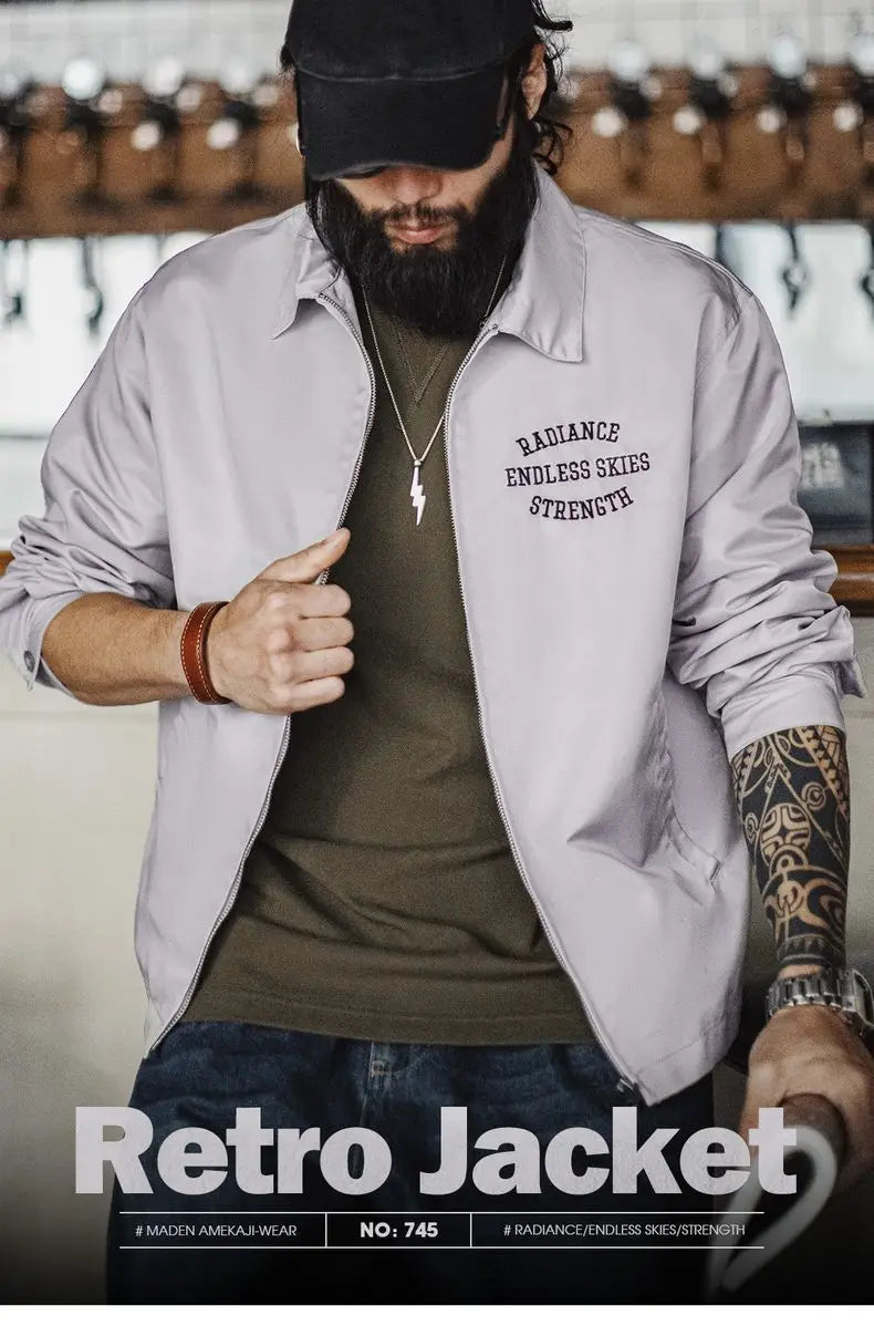 Herren Coach Jacke Vintage Gestickte Buchstaben Reißverschluss Notch-Revers Lässige Oberbekleidung