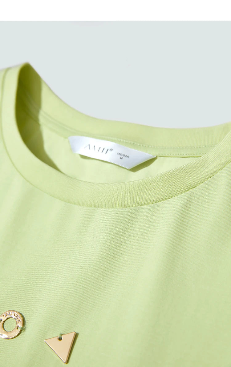 Damen T-Shirt mit O-Ausschnitt und geometrischer Dekoration aus antibakterieller Baumwolle