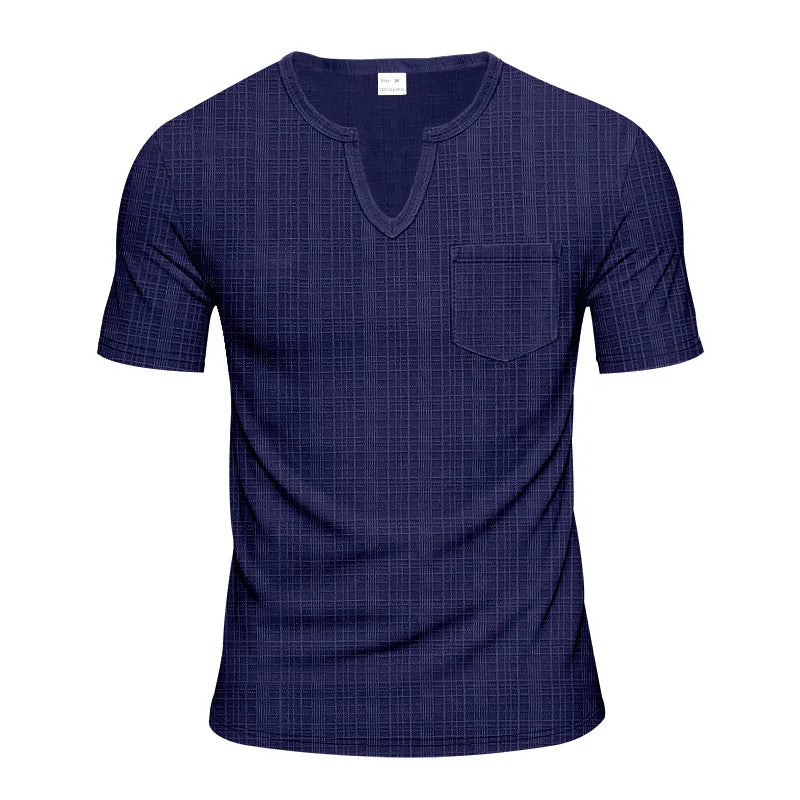 Herren-Casual-Poloshirt mit V-Ausschnitt, Brusttasche und Knopfleiste – vielseitiges, einfarbiges Business-T-Shirt