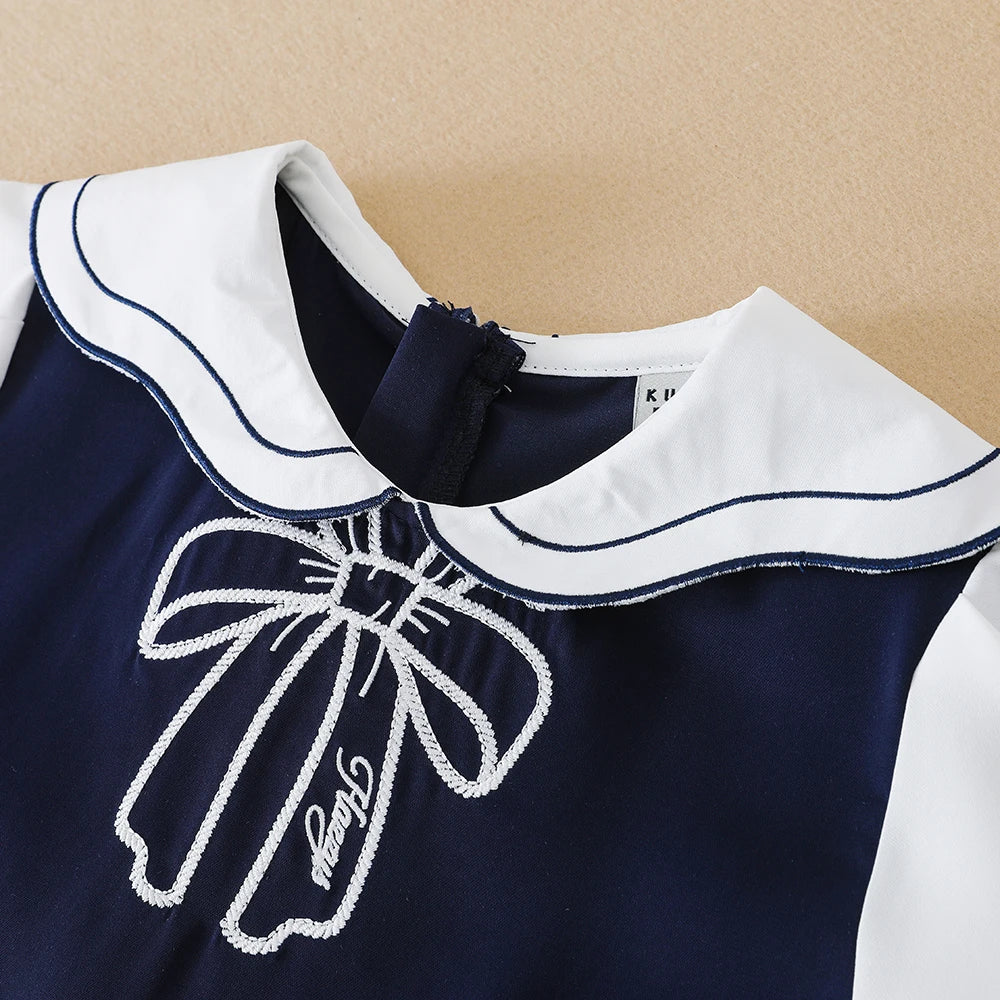 Marineblaues Mädchenkleid mit weißem Kragen und Schleife, kurzärmliges, plissiertes Kleid im Schulstil, Kinderkleidung für 5–12 Jahre