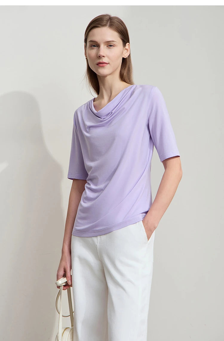 Damen T-Shirt mit drapierter Kragen- und besticktem Design aus modalem Strick