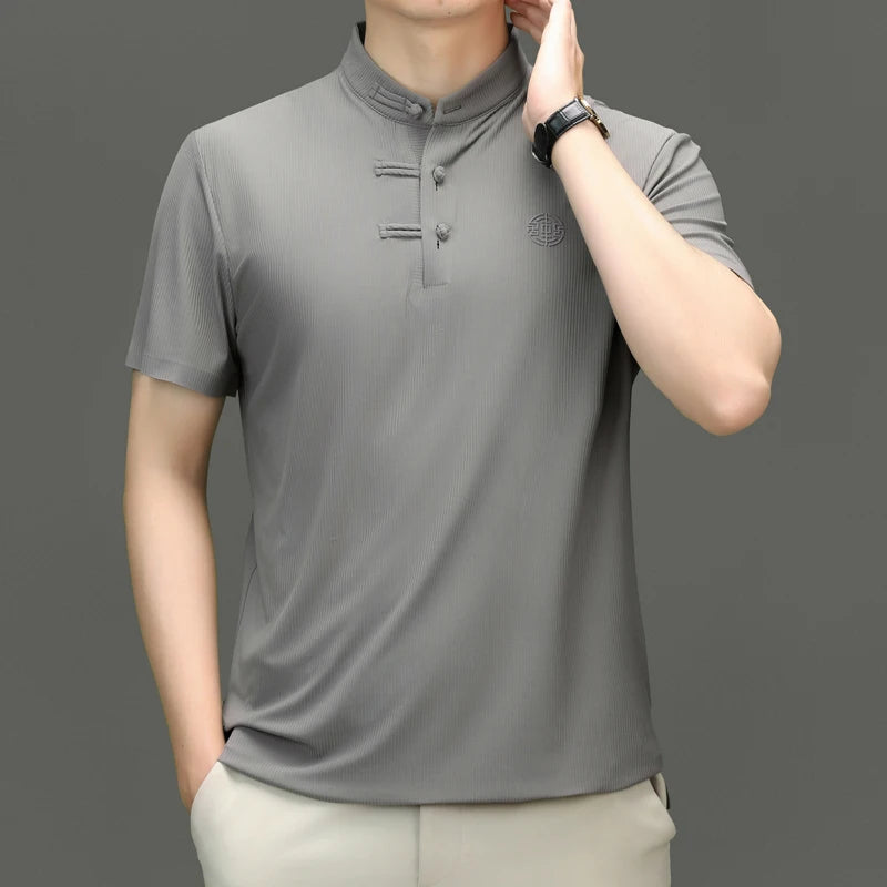 Herren T-Shirt im Chinesischen Stil mit Stehkragen und lässiger Passform