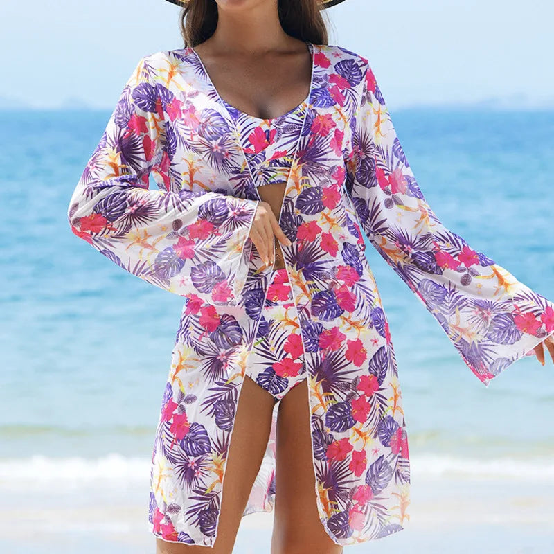 Damen-Bikini-Set mit hohem Bund und Print – dreiteiliges Badeanzug-Set für Strand und Pool