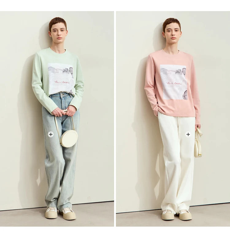 Damen T-Shirt im Minimalismus-Stil mit Kunstdruck und Stickerei für den Herbst