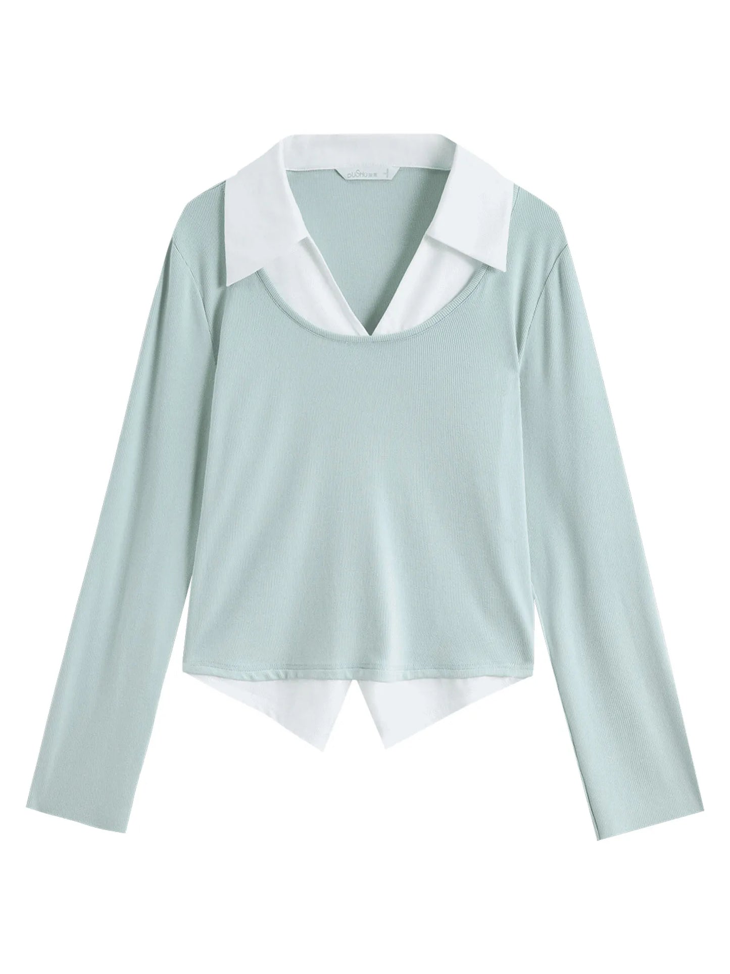 Elegante Damen-Spitzenbluse mit langen Ärmeln und Knopfleiste in sanftem Beige und Lila – ideal für den Winter.