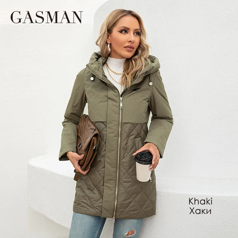 Lange Damen-Winterjacke mit Kapuze und Reißverschlusstaschen – Hochwertige, lässige Puffer-Parka für kalte Tage.