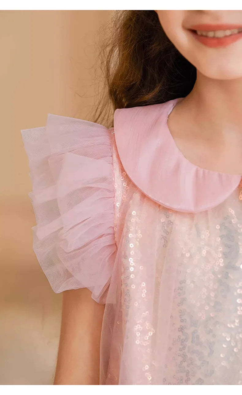 Sommerliches Mädchenkleid aus 100% Baumwolle im französischen Stil mit kurzen Ärmeln – lockere Passform für Kinder von 110cm bis 170cm