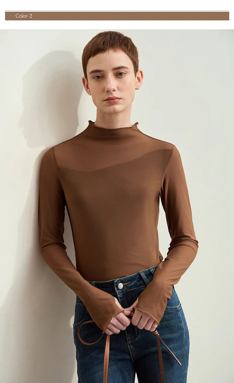 Damen Mesh-T-Shirt im minimalistischen Design mit halbhohem Ausschnitt
