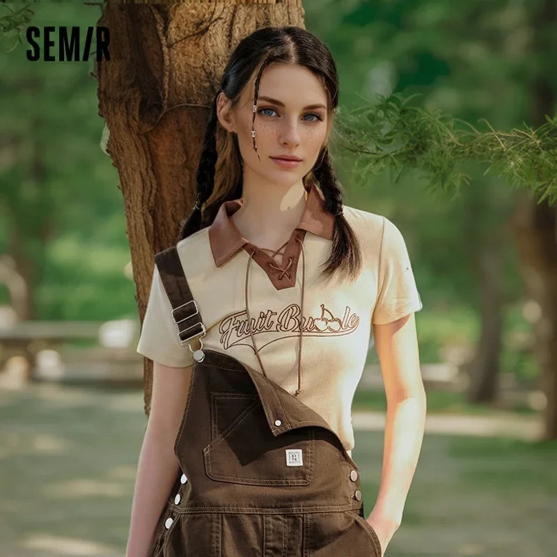 Semir Polo Shirt Frauen Kurzarm Frühling bestickt süß cool Retro Sommer T-Shirt neue Kontrast farbe enges Polo-Shirt