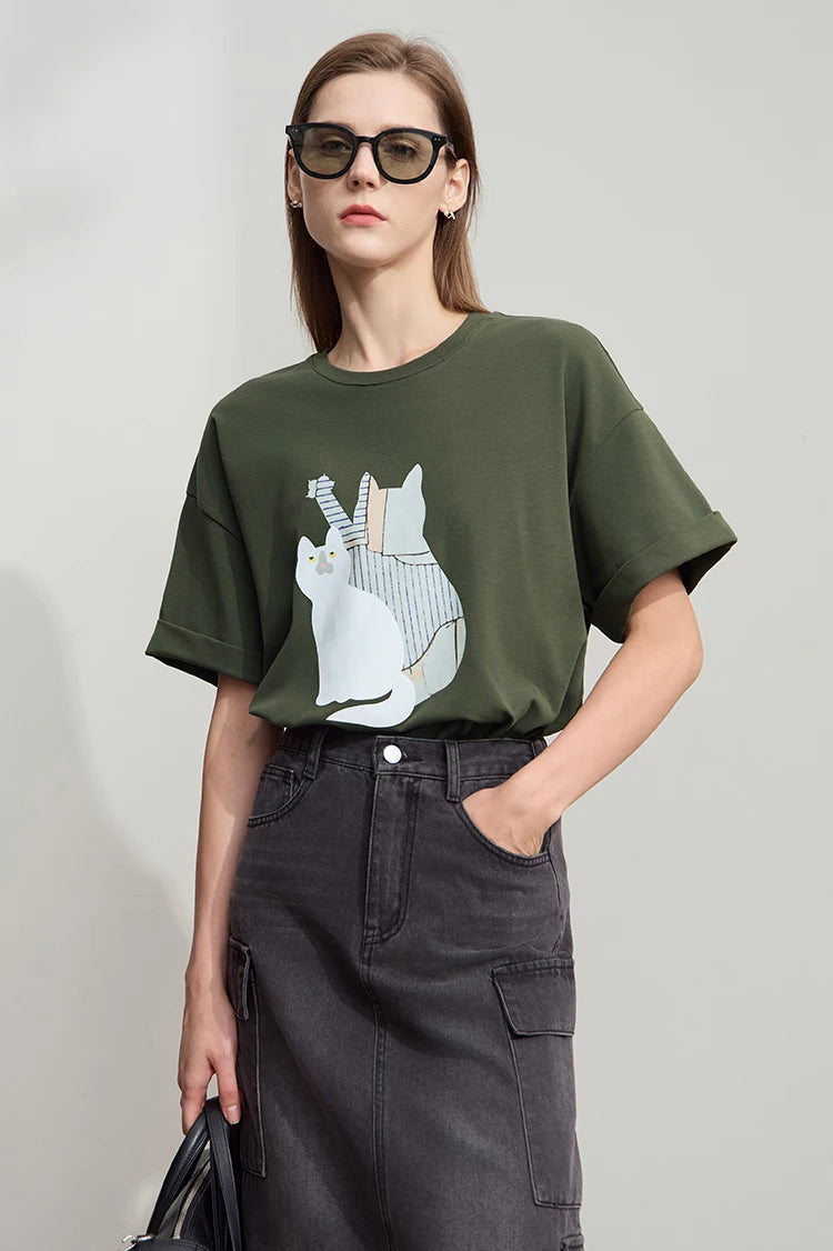 Damen Top im minimalistischen Stil mit O-Ausschnitt und bedrucktem Design
