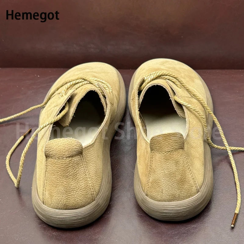 Big Round Toe Men's Shoes Soft Leather Soft Soled Flats Breathable Durable Casual Shoes Handmade Lace-Up Shoes Men's Shoes