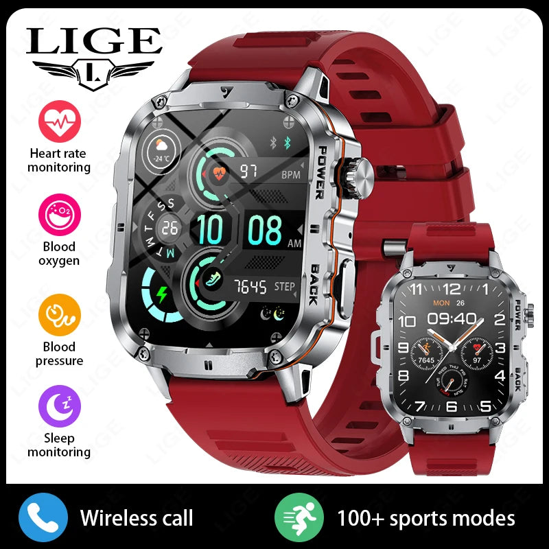 LIGE Outdoor Militär Sport Smart Uhr Männer Frauen Fitness Track Herzfrequenz Blut Sauerstoff Wasserdicht BT Anruf 1,95-Zoll Smartwatch