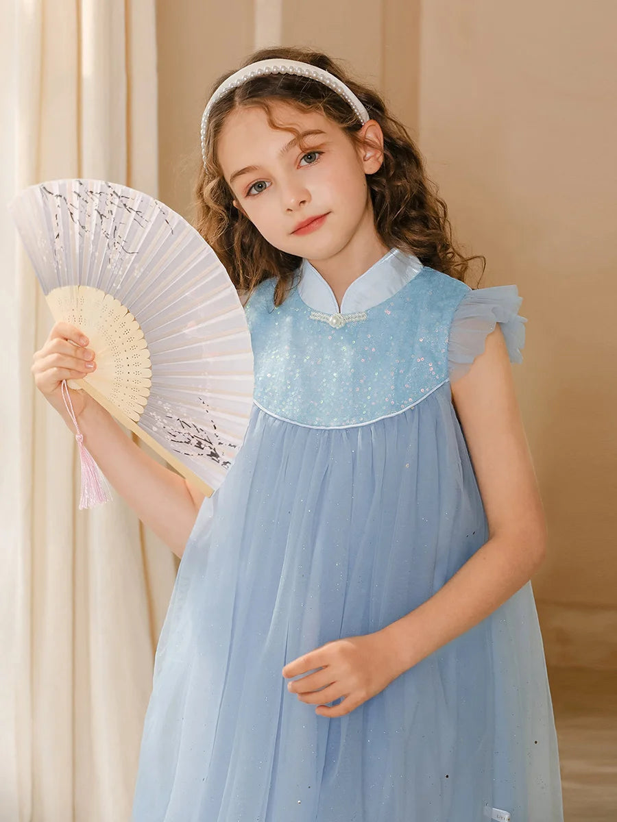 Ärmelloses Sommerkleid für Mädchen mit Blumenmuster und Pailletten – ideal für Hochzeiten und Geburtstagsfeiern