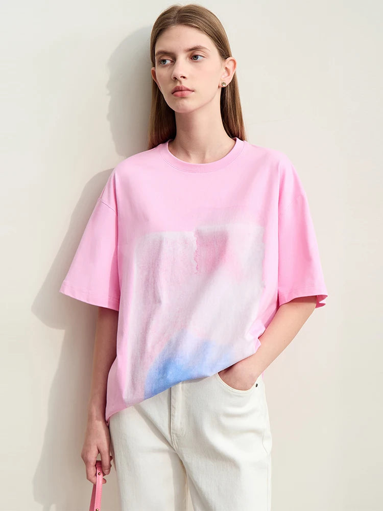 Damen T-Shirts im Minimalismus-Stil mit abstraktem Druck aus Baumwolle