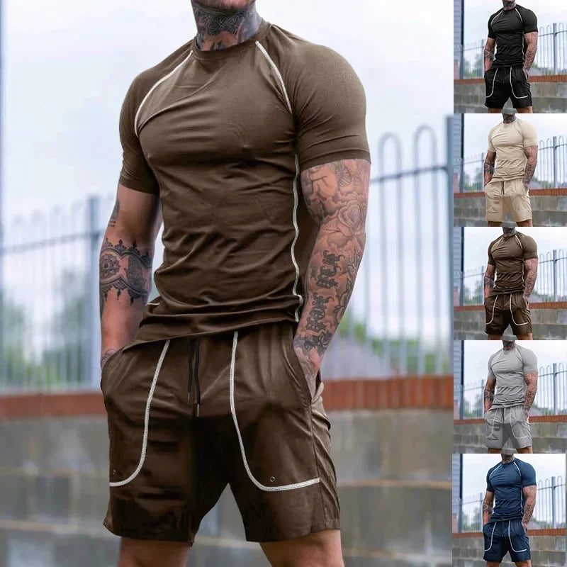 Lässiger Herren-Zweiteiler mit Rundhals und kurzen Ärmeln im sommerlichen Color-Blocking-Design