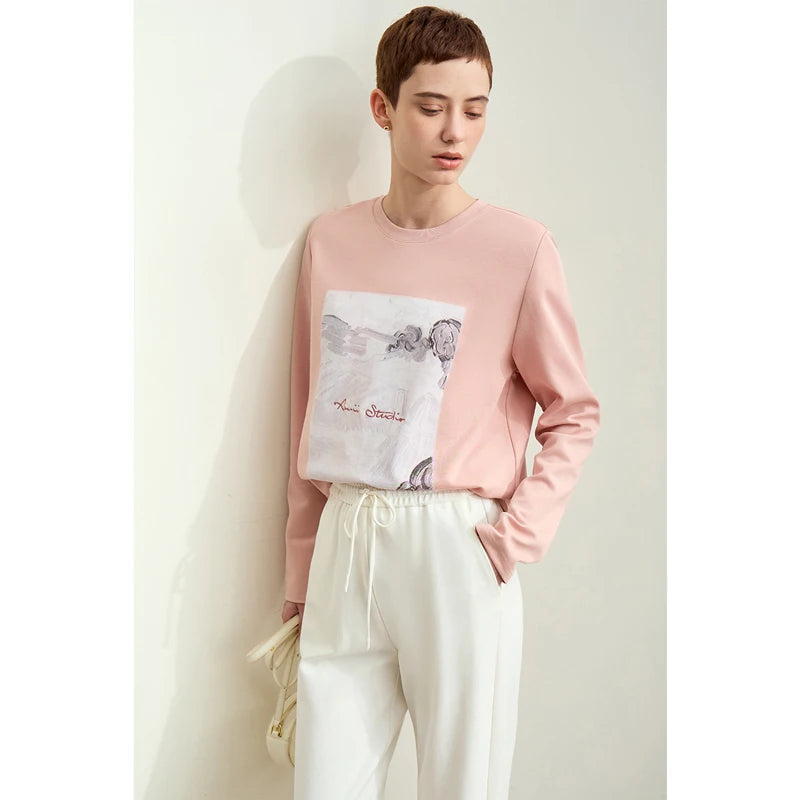 Damen T-Shirt im Minimalismus-Stil mit Kunstdruck und Stickerei für den Herbst