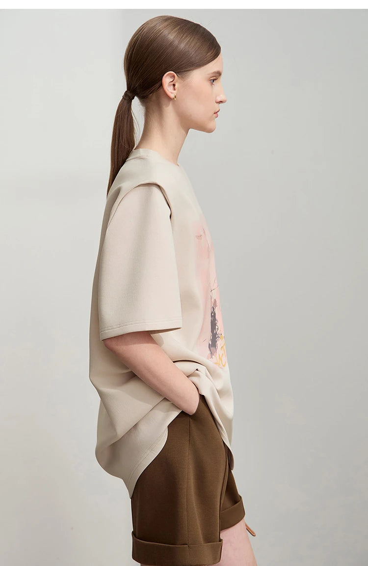 Damen T-Shirt im minimalistischen Stil mit lässigem O-Ausschnitt und Kunstdruck