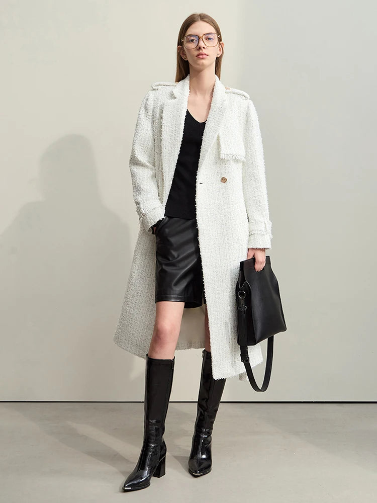 Damen Wollmantel im Winter mit Gürtel und trendigem Tweed-Stil