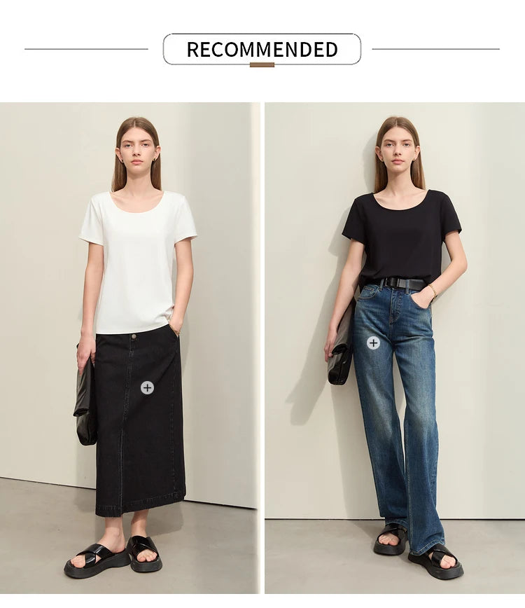 Damen T-Shirt im minimalistischen Stil mit großem U-Ausschnitt und kurzen Ärmeln