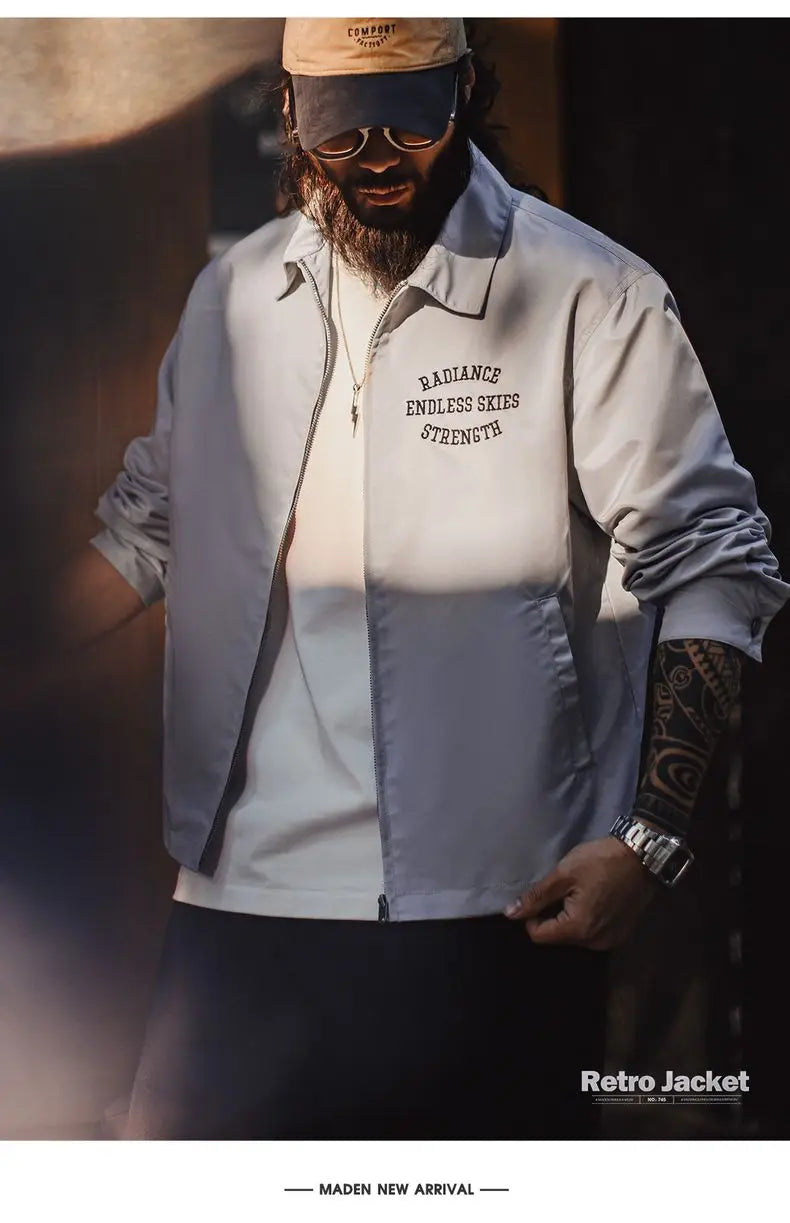 Herren Coach Jacke Vintage Gestickte Buchstaben Reißverschluss Notch-Revers Lässige Oberbekleidung