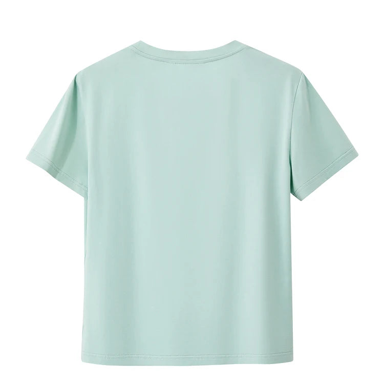 Damen T-Shirt im Minimalismus-Stil mit O-Ausschnitt und Stickerei
