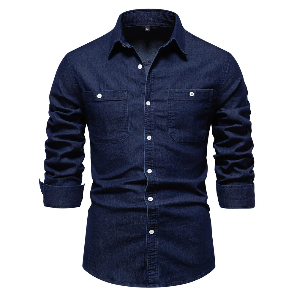 Herren Hemd aus Baumwolle im einfarbigen Denim-Look mit Tasche